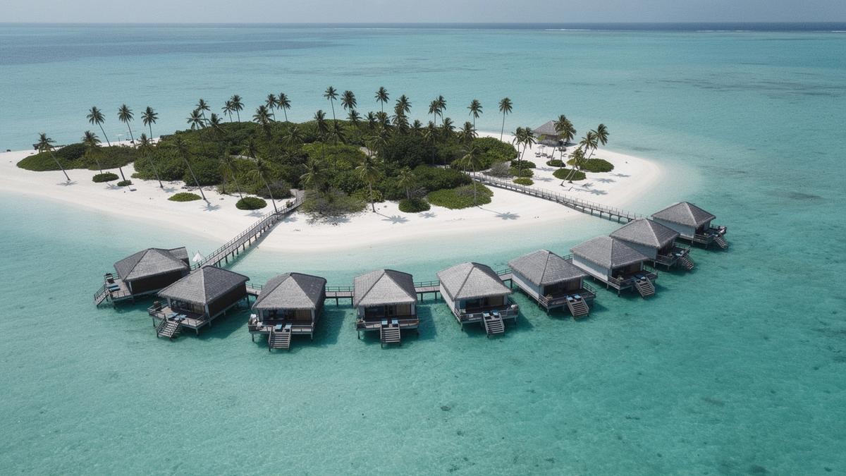 Overwater villas on a turquoise lagoon at the edge of an island reef